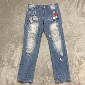 Gray Earth Men's Distressed Patch Faded Light Wash Regular Jeans Size 38